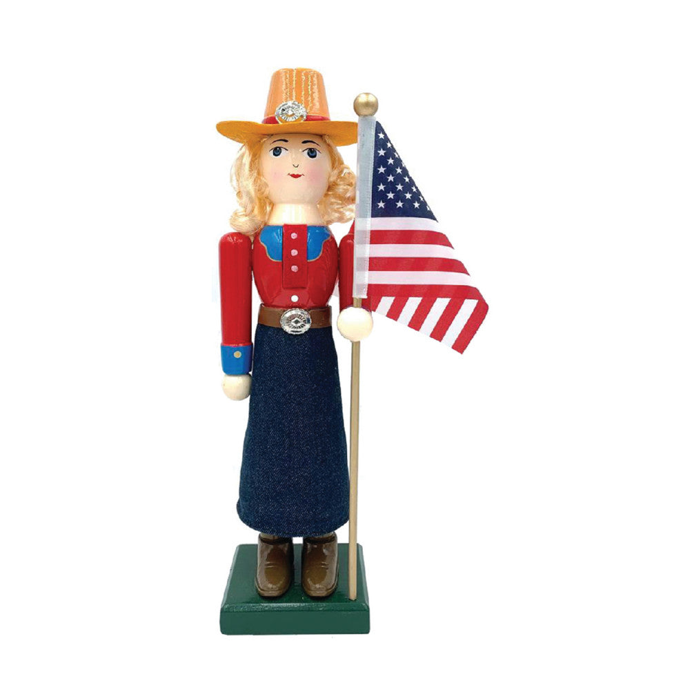 14" Cowgirl and Flag Nutcracker
