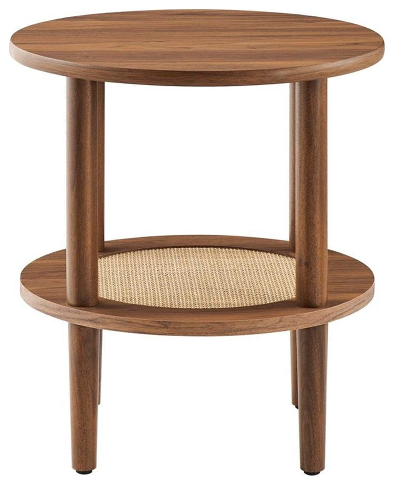 Modway Torus Round Wood Side Table with Lower Rattan Shelf in Walnut