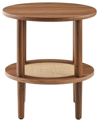 Modway Torus Round Wood Side Table with Lower Rattan Shelf in Walnut