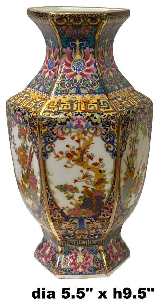 Purple blue Rich Multi-Color Print Flower Bird Graphic Porcelain Vase Hws1491