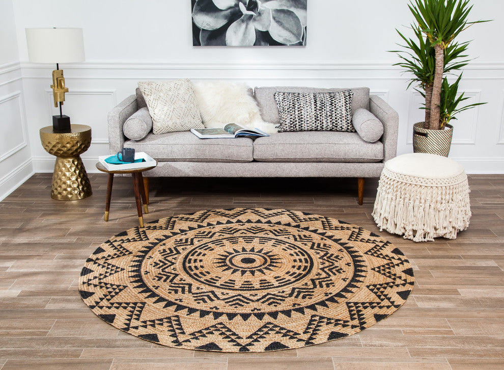 Jute Round Tribal Circle Black Print, 8' Round
