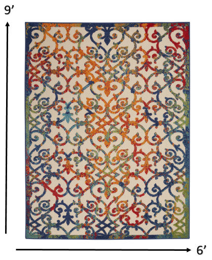 6' X 9' Ivory And Blue Floral Indoor Outdoor Area Rug