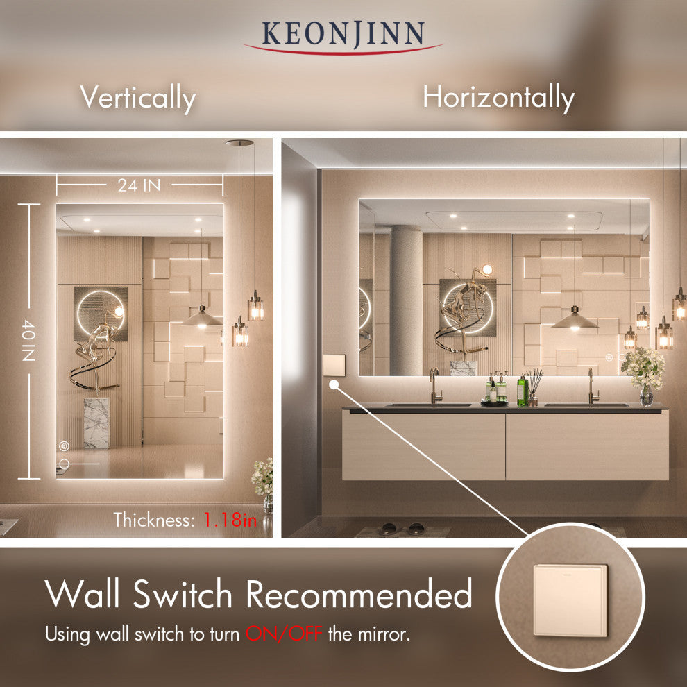 Backlit LED Mirror for Bathroom, Anti-Fog Dimmable, Silver, 24x40