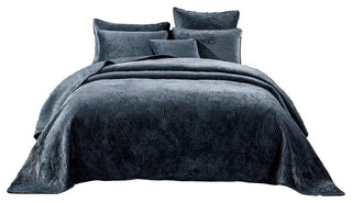 Navy Blue Velvet Plush Waves Bedspread Set, Cal King