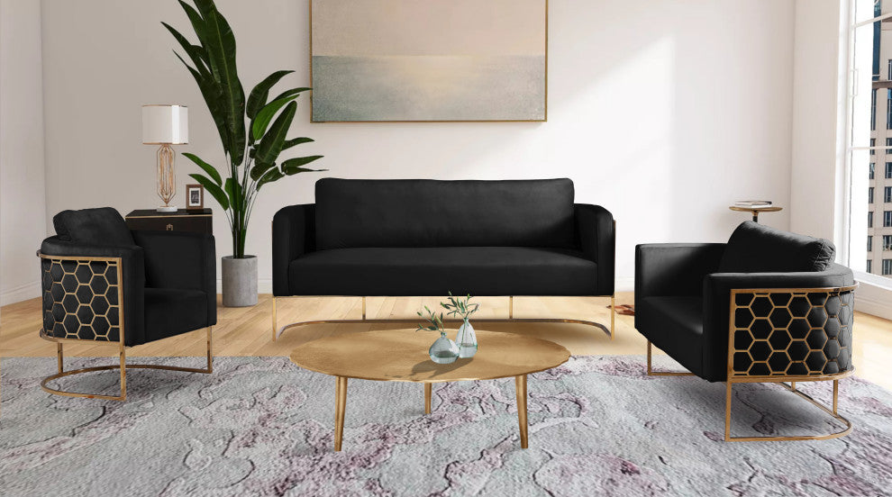 Casa Velvet Upholstered Loveseat, Black, Gold Finish