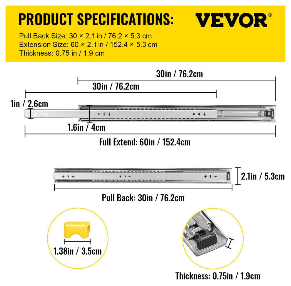 VEVOR Drawer Slides Ball Bearing Full Extension, 30 Inch, 250 Lbs