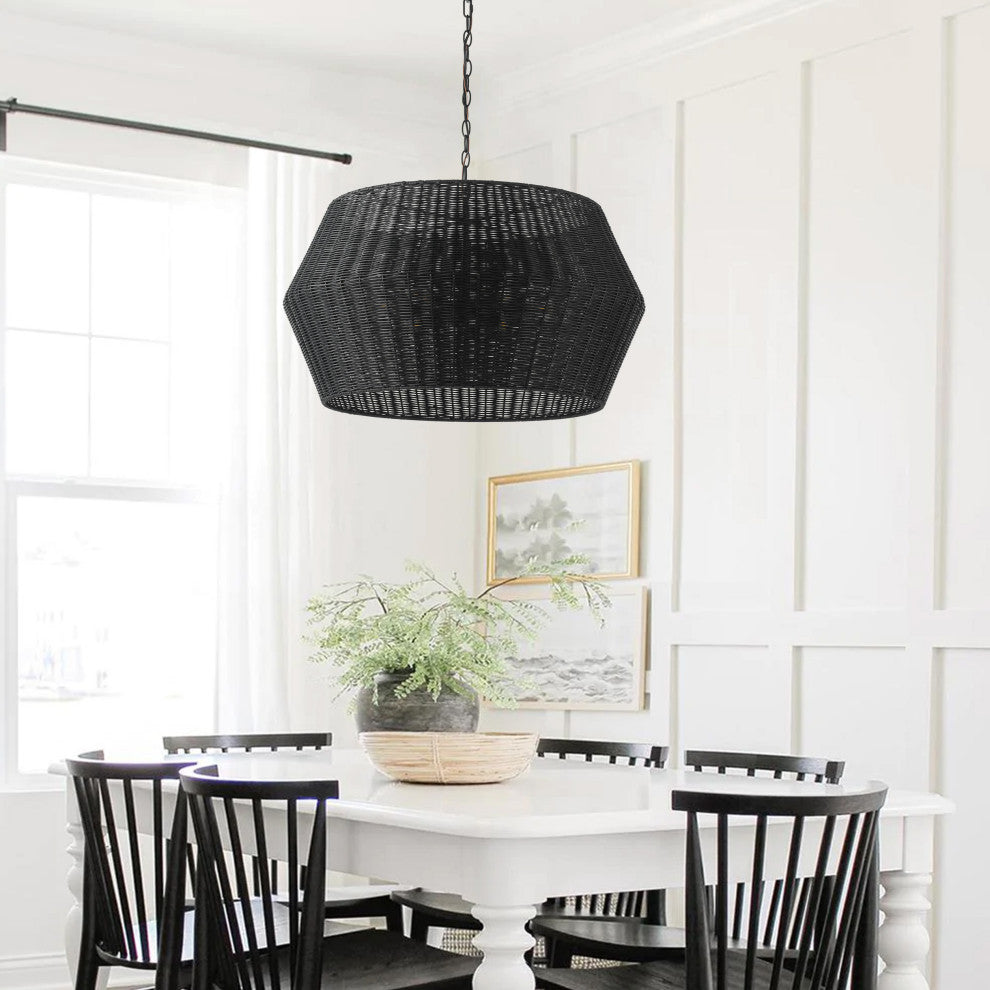 Matte Black 6-Light Natural Handwoven Rattan Pendant Light