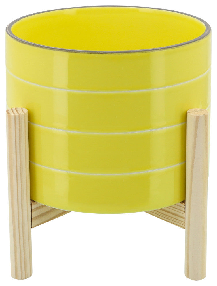 8" Striped Planter With Wood Stand, Yellow