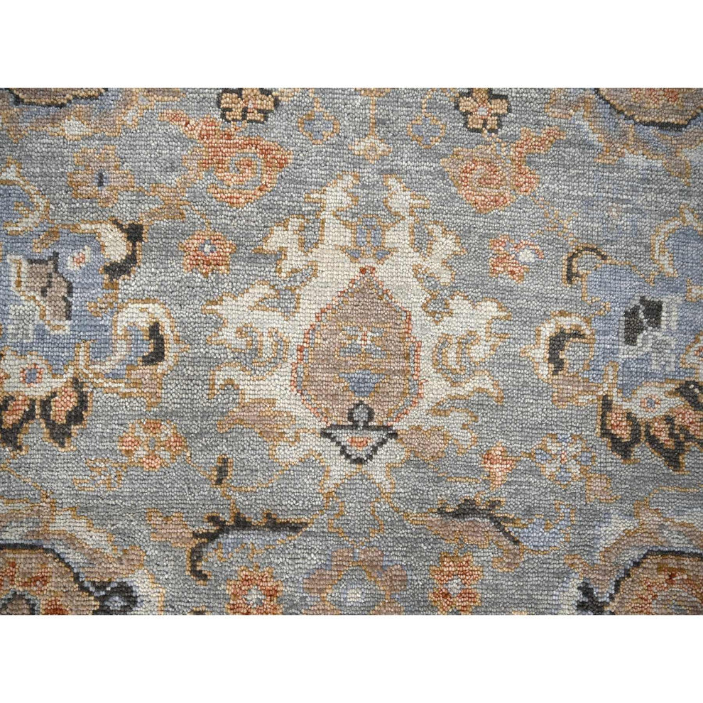 Gray and Ivory, Hand Knotted Oushak Inspired Round Oriental Rug, 7'10"x8'