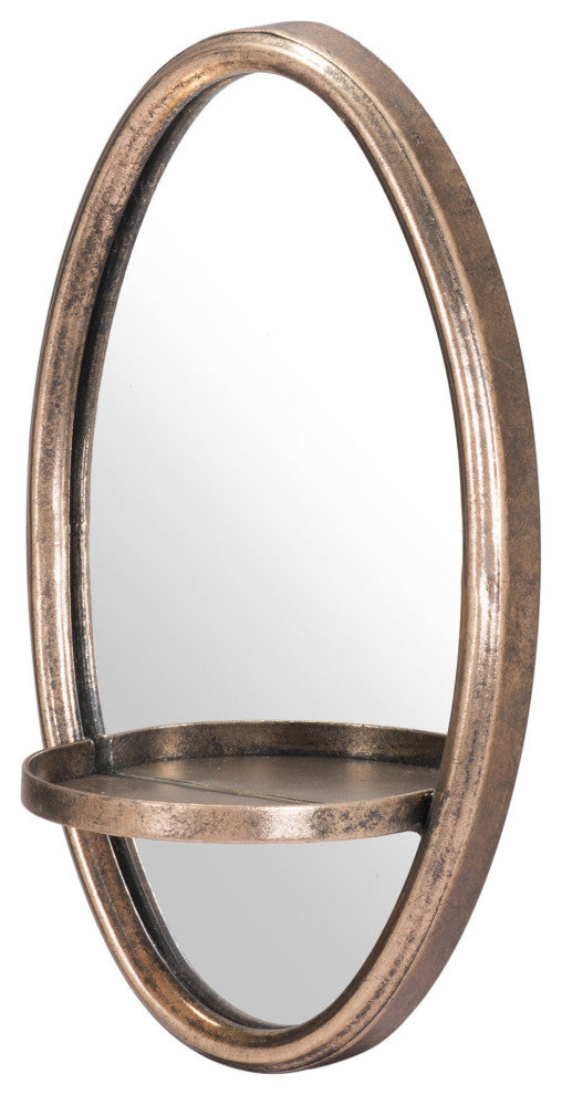 Antiqued Gold Oval Mirror With Petite Shelf
