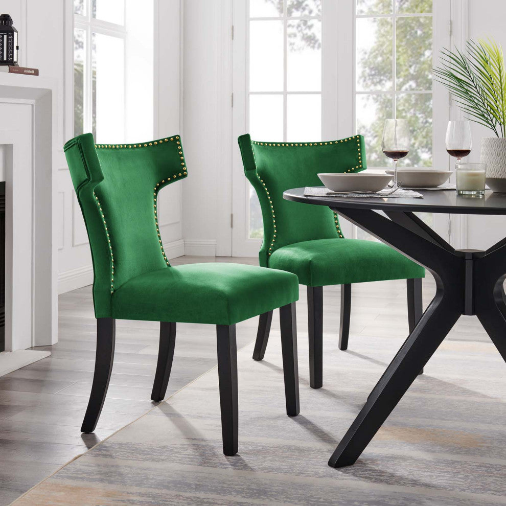 Dining Chair, Nailhead, Set of 2, Green, Velvet, Modern, Bistro Hospitality
