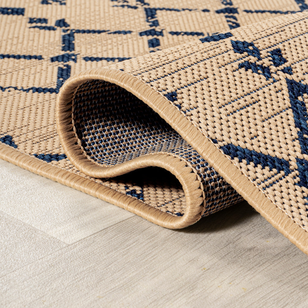 Ourika Moroccan Geometric Indoor/Outdoor Rug, Beige/Navy, 2x10