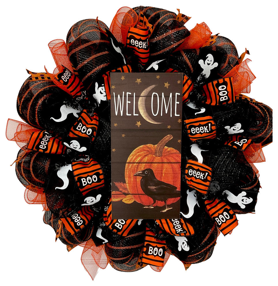 Welcome Crow and Pumpkin Handmade Deco Mesh Halloween Wreath