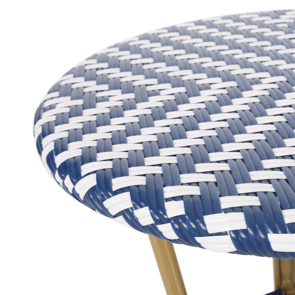 Deshler Outdoor Aluminum French Bistro Table, Navy Blue + White + Bamboo Finish