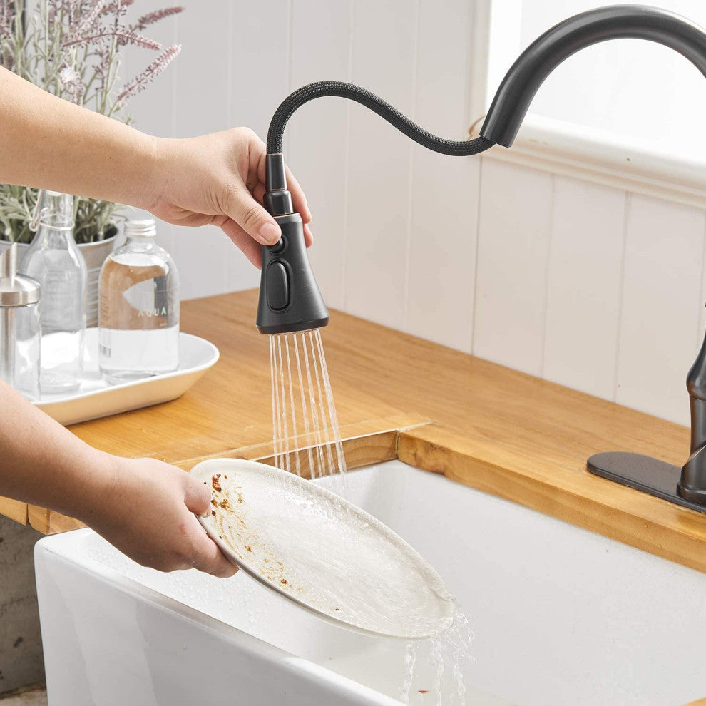 Wellfor Single Level Stainless Steel Kitchen Faucet With Pull Down Spray, Oil Rubbed Bronze
