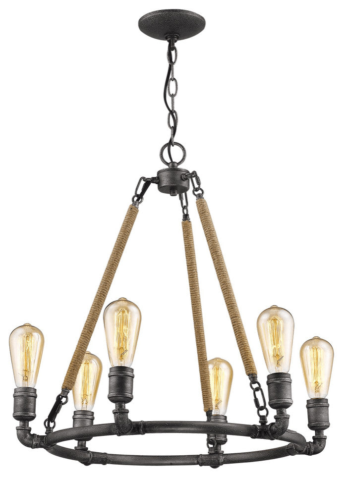 Grayson 6-Light Antique Gray Chandelier With Jute Wrapped Uprights