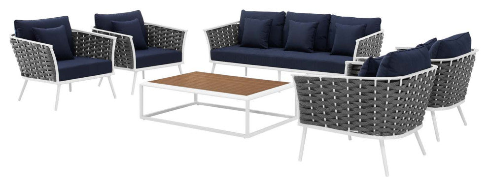 Modern Outdoor Sofa, Chair and Coffee Table Set, Aluminum Fabric, Navy White