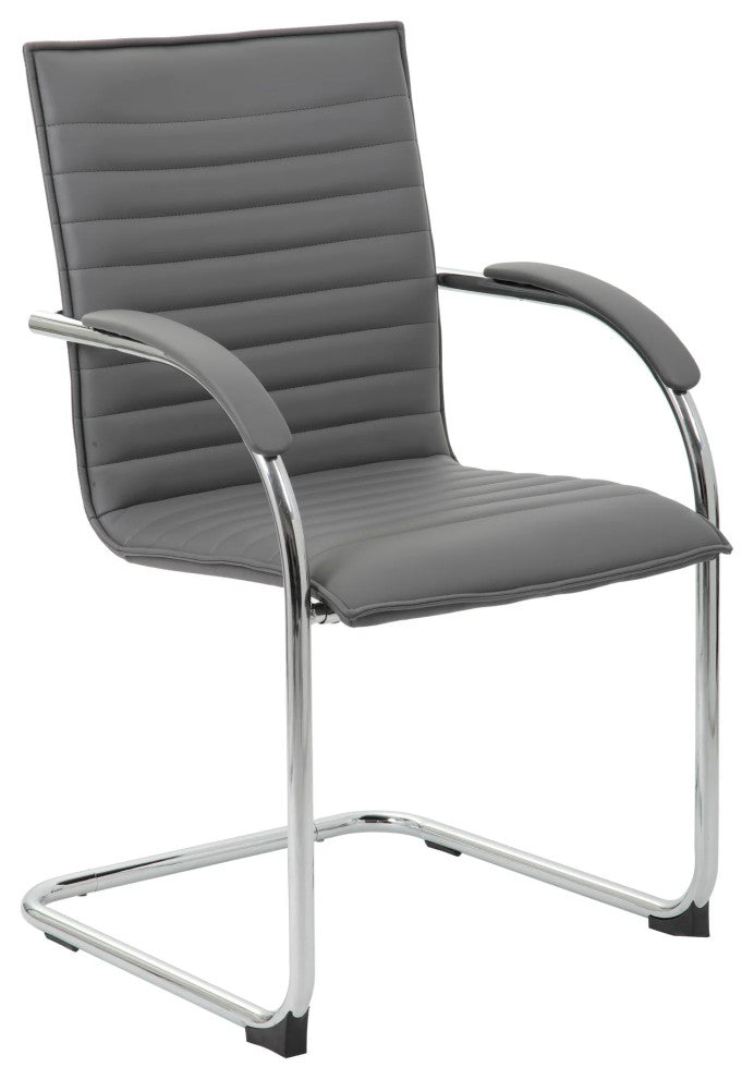 Modern Office Side Chair, Cantilever Chrome Base & Channel PU Leather Seat, Gray