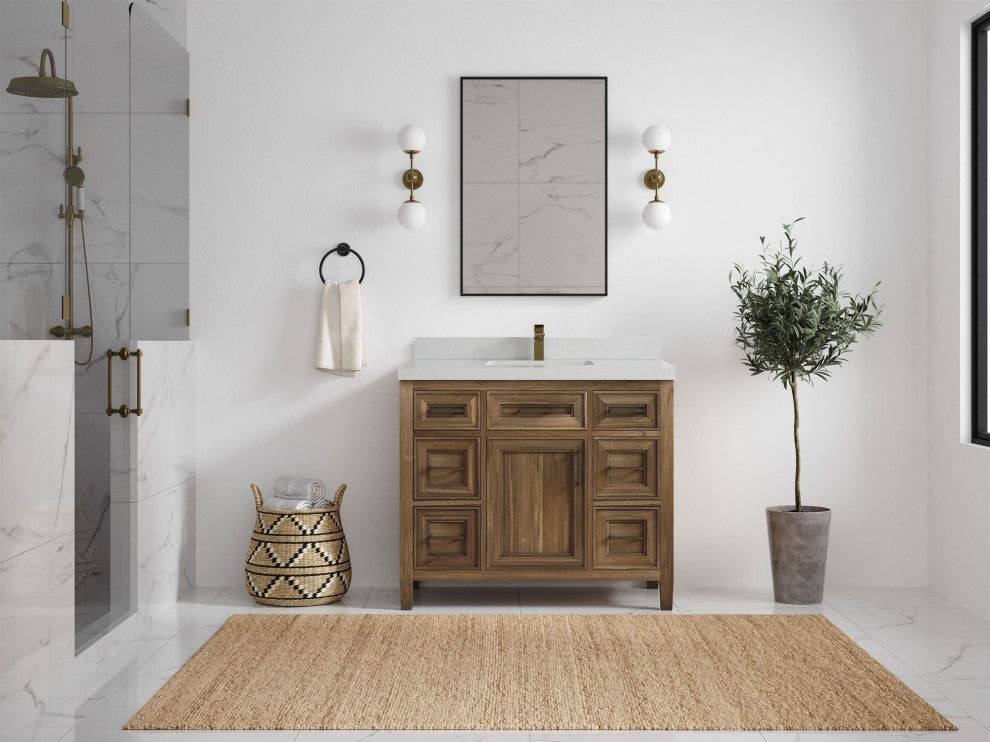 Santa Monica 42 Single Sink Bath Vanity in Graywashed Teak 2" Carrara Quartz