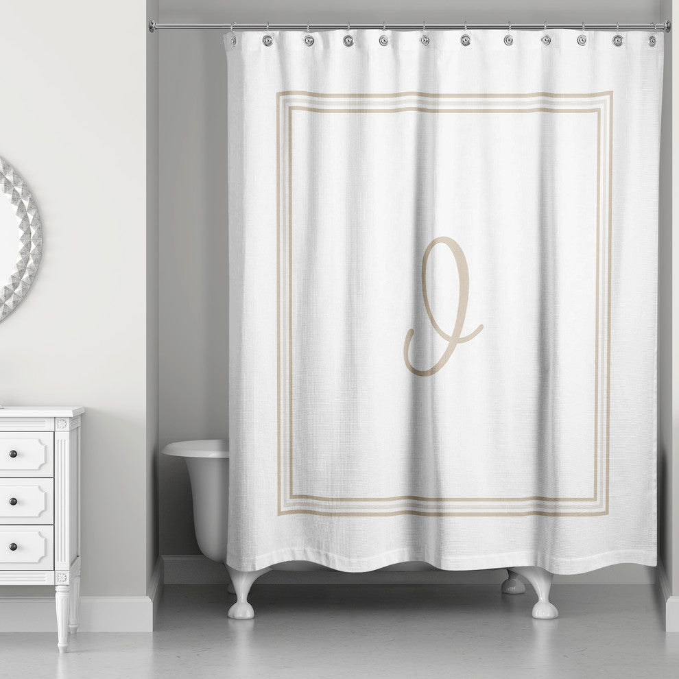 Beige and White Monogrammed Shower Curtain, I
