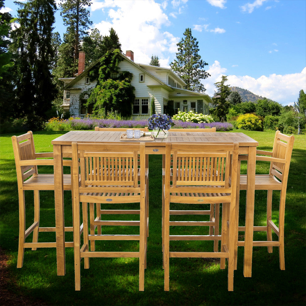 7-Piece Teak Wood Maldives Patio Bistro Bar Set, 63" Bar Table and Bar Chairs