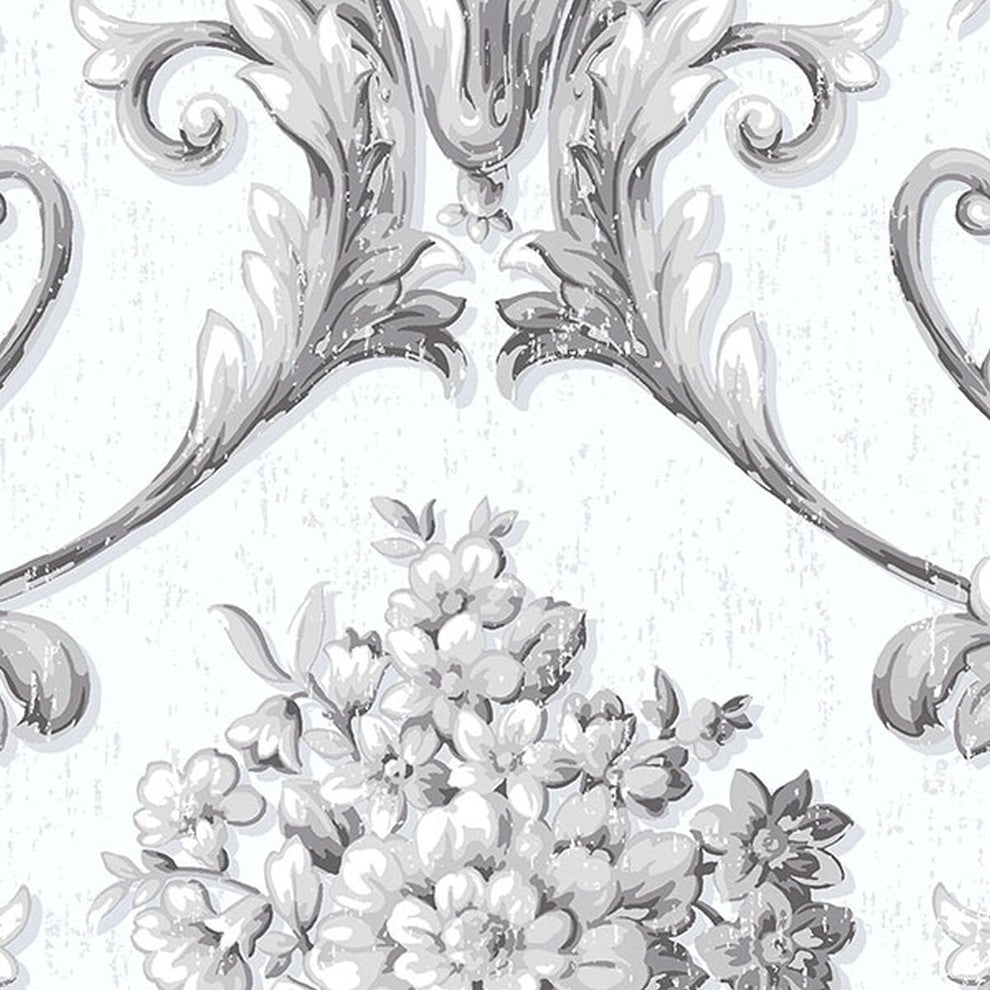 Classic Silks 2, Damask Stripes Silk Emboss White Wallpaper Sample