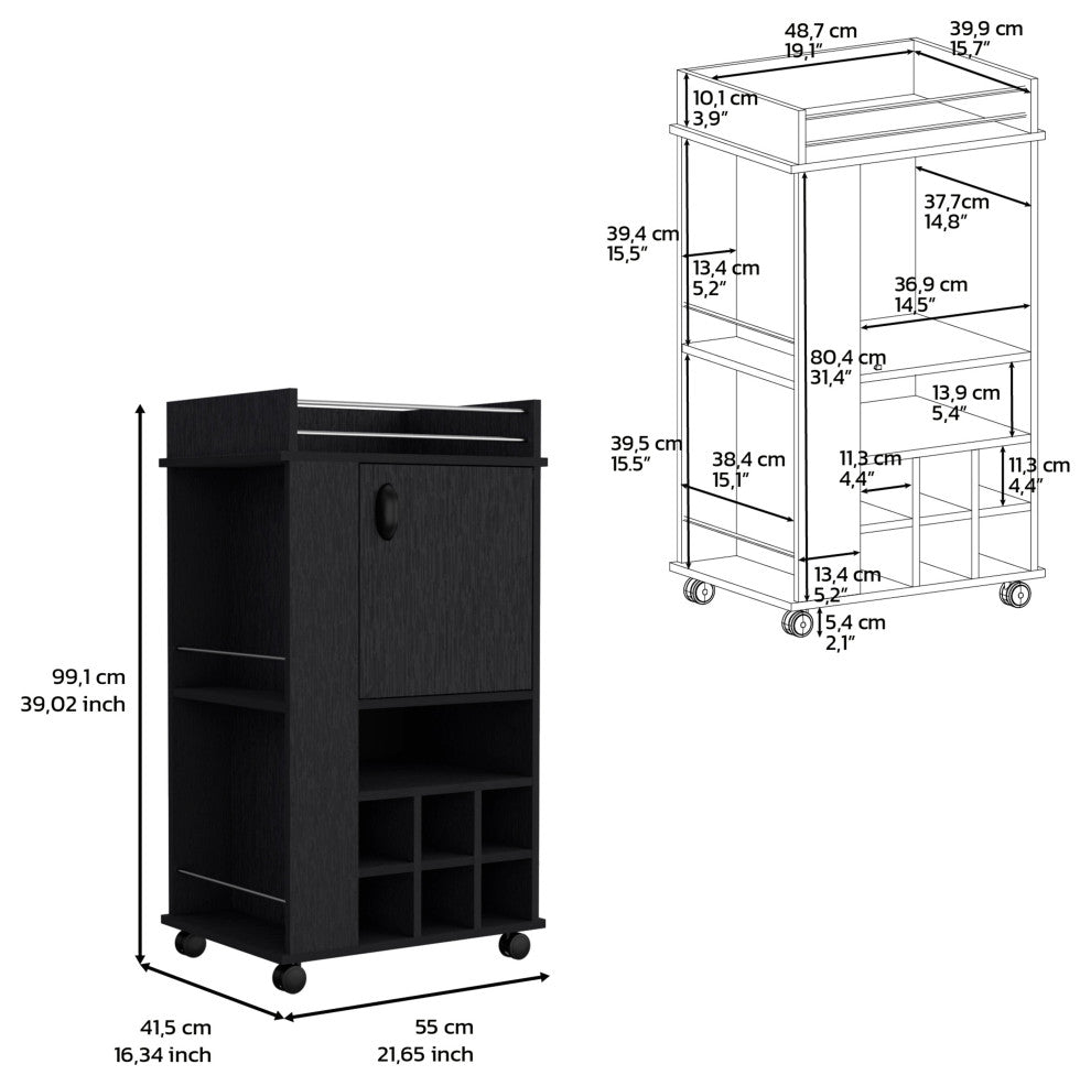 DEPOT E-SHOP Fraser Bar Cart with 6 Built-in Wine Rack and Casters, Black