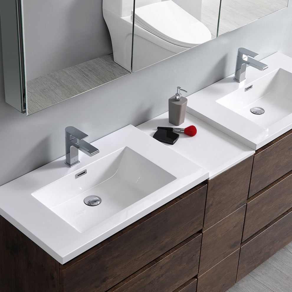 Lazzaro 72" Rosewood Double Sink Vanity Set, Fiora Faucet, Brushed Nickel