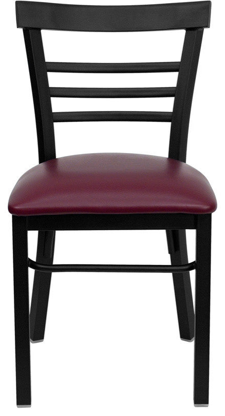 Black Ladder Back Metal Dining Chair, Burgundy Vinyl Seat/Black Metal Frame