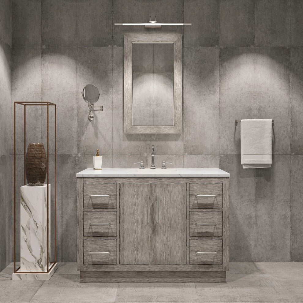 Hugo Carrara White Marble Countertop Vanity in Gray Oak with Chrome Hardware, 48", Vanity Only