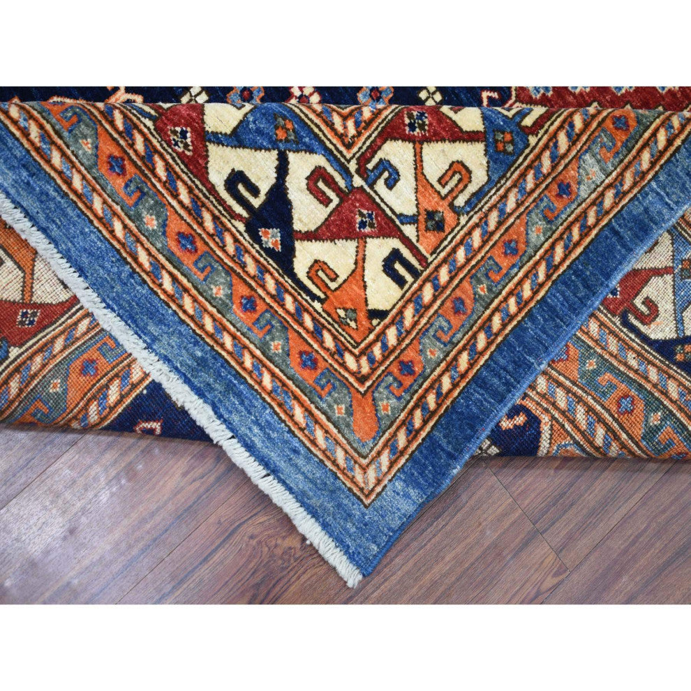 Blue Afghan Ersari With Large Elements Soft Wool Hand Knotted Rug, 9'2"x11'10"