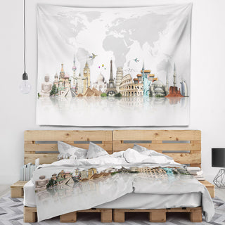 Famous Monuments Across World Wall Tapestry, 39"x32"
