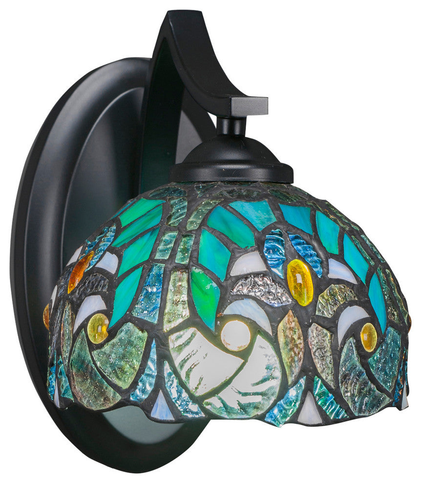 Zilo Wall Sconce, Matte Black, 7" Turquoise Cypress Tiffany Glass