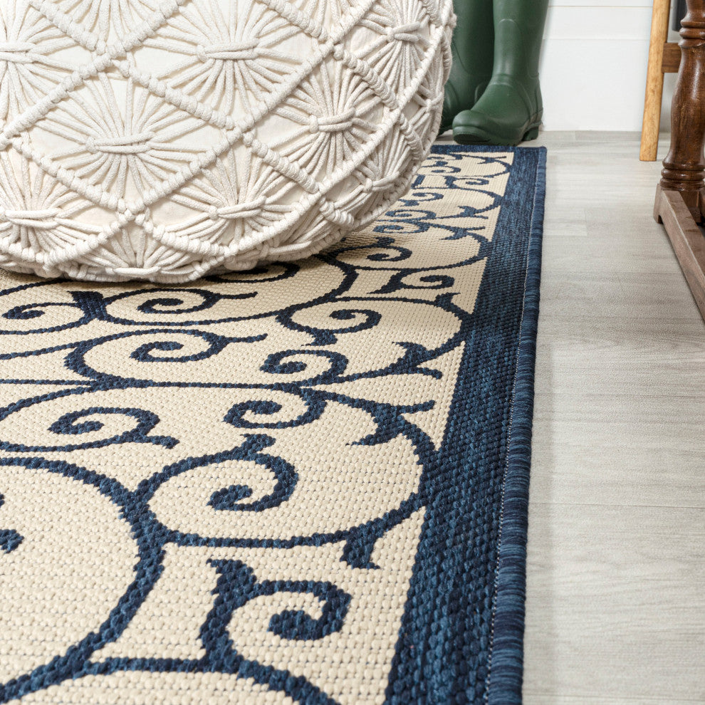Madrid Vintage Filigree Textured Weave Indoor/Outdoor, Navy/Beige, 9 X 12