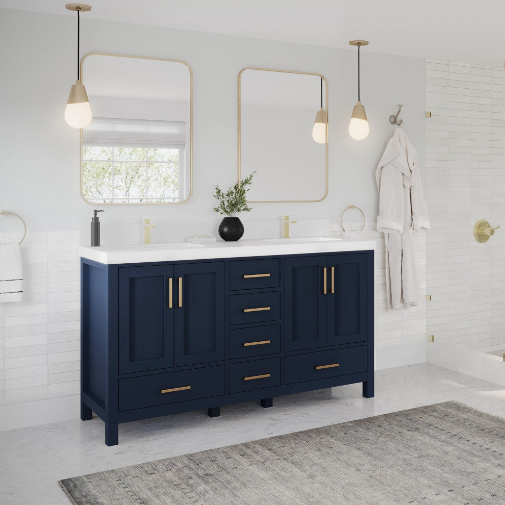 Preston Bath Vanity, Blue, 60", White Quartz Top, Double, Freestanding