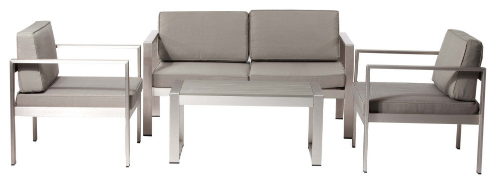 Benzara BM287850 Piece Outdoor Sofa, Chairs and Table Set, Sleek Silver Aluminum