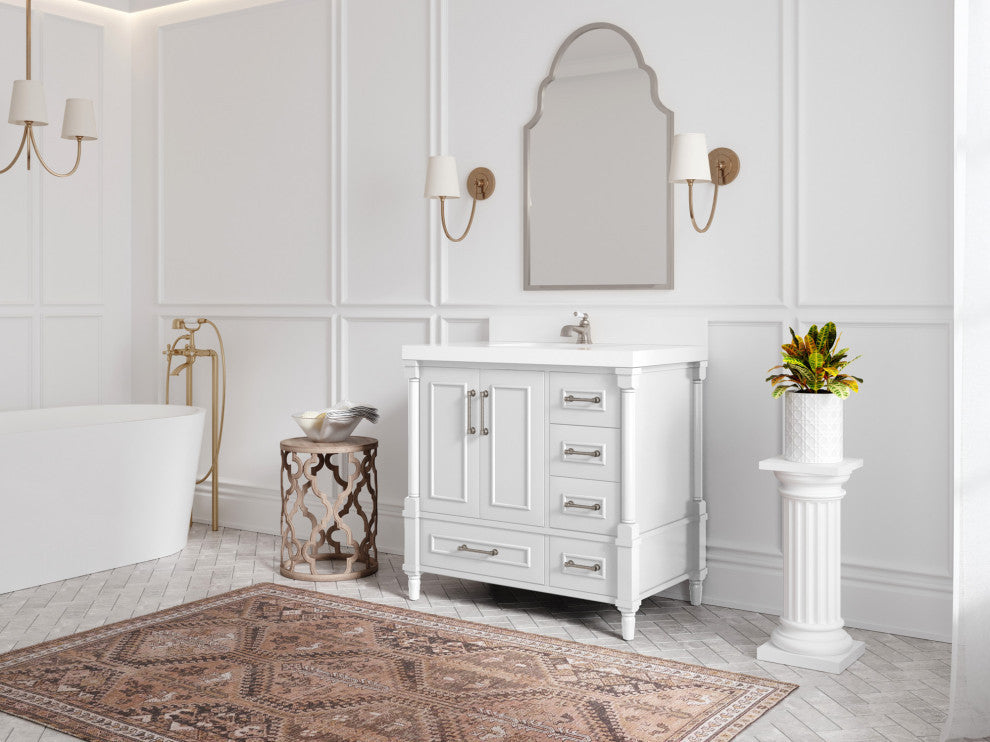 Aberdeen 36 Center Sink Bath Vanity in White 2" Venatino Quartz