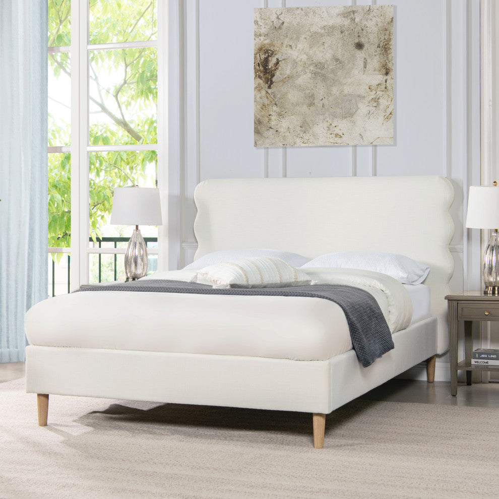 Stockholm Modern Wavy Headboard Platform Bed, Antique White Polyester, Queen