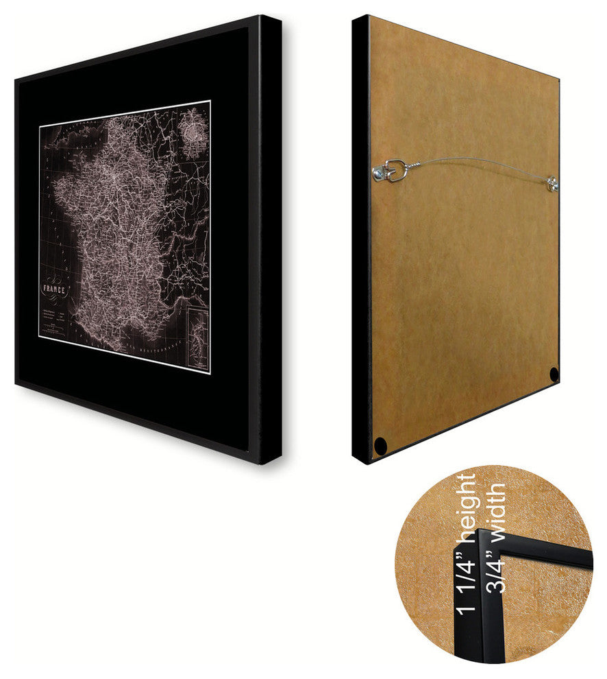France, Paris Vivid Sepia Map Print On Canvas With Black Custom Frame, 16" X 21"