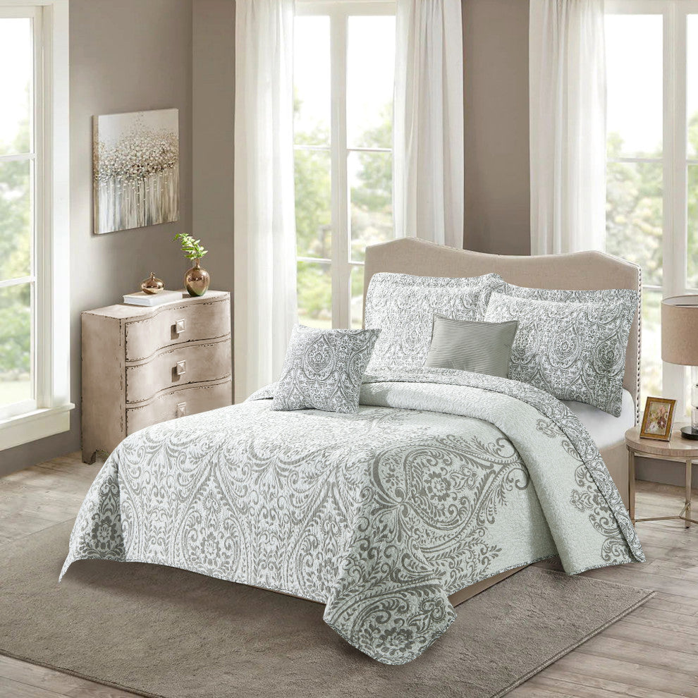 Visionary 5 Piece Quilt Bed Spread Sets, Gray, King, 102"x90"