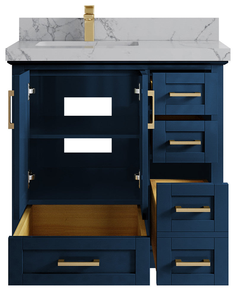 Boston 36 Left Offset Bath Vanity in Navy Blue 2" Venatino Quartz