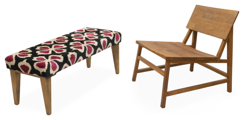 Bench Upholstered with Silk Velvet Ikat Fabric