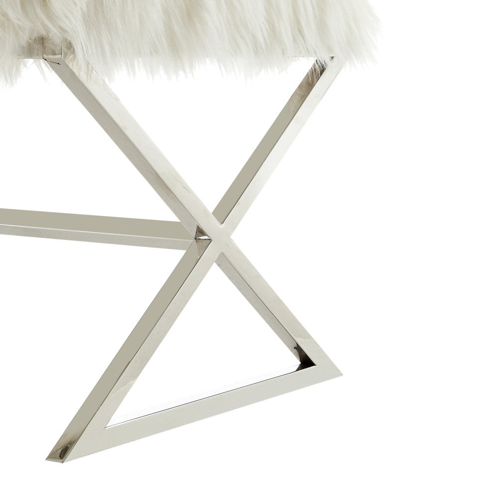 Oria Faux Fur X-Leg Chrome Base Ottoman, White/Chrome