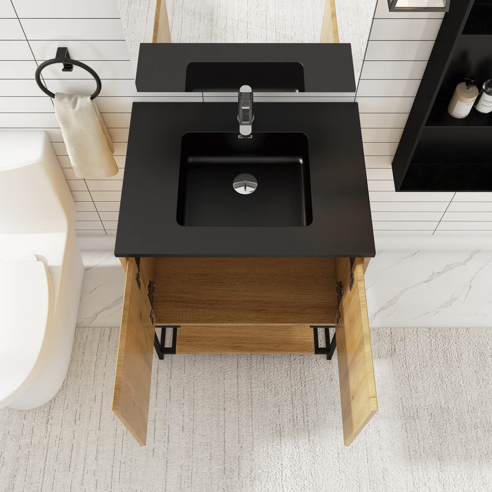 24" Freestanding Bath Vanity, Black Quartz Top, Oak