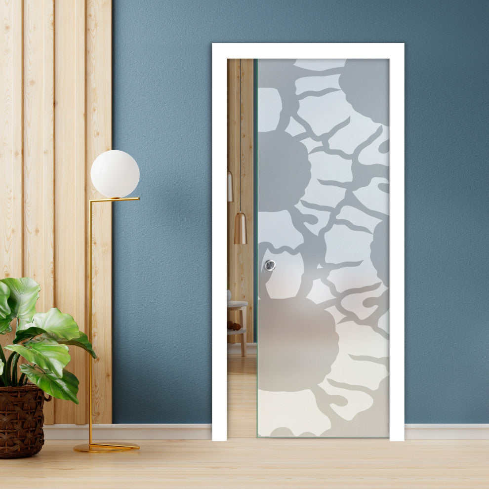Pocket  Sliding Glass Door with Decorative Frosted Sandblasted Design, Full-Private, 32"x80", 5/16" (8mm)