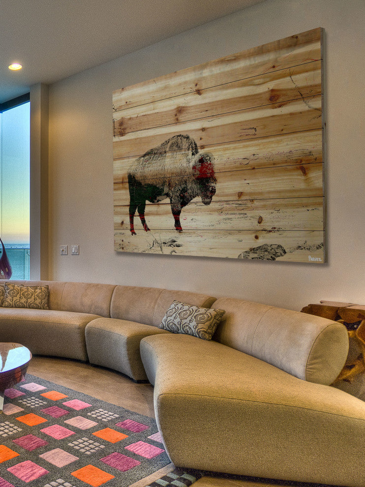 "Lost Buffalo" Painting Print on Natural Pine Wood, 60"x40"
