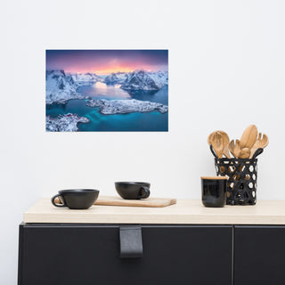 Reine at Winter Sunset Icy Mountain Landscape Photo Loose Wall Art Prints, 12" X 18"