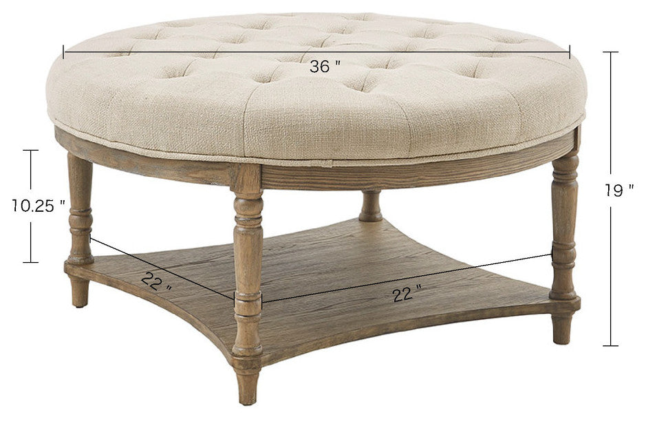 Martha Stewart Country Style Round Ottoman With Bottom Shelf, Cream