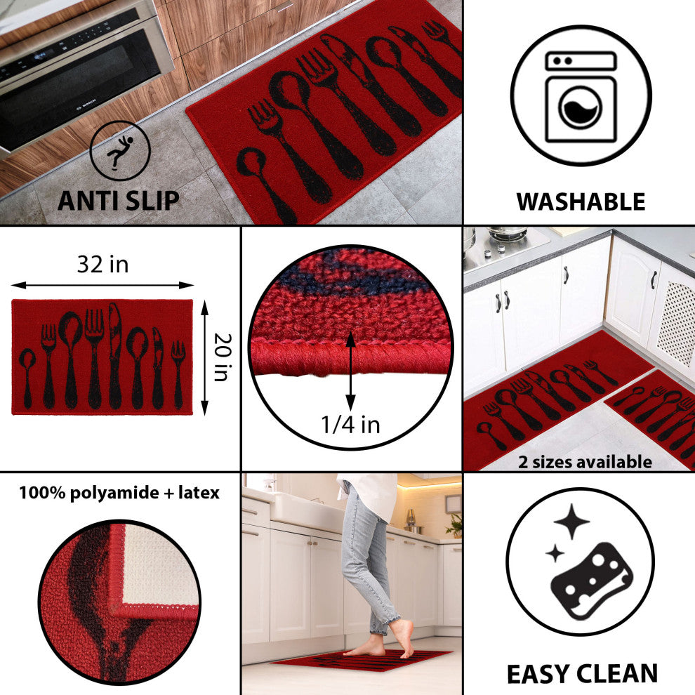 Wool-Effect Kitchen Mat With Chic Cutlery Print, Red, 32x20