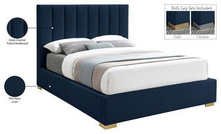 Pierce Linen Textured Fabric Upholstered Bed, Navy, Queen